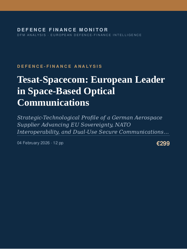 Cover of the DFM report “Tesat-Spacecom: European Leader in Space-Based Optical Communications” — Defence-Finance Analysis, 12-page PDF