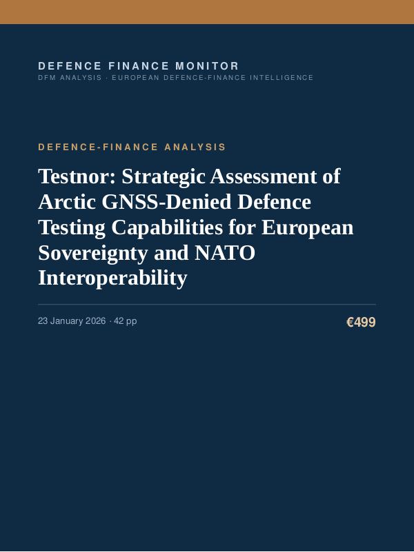 Cover of the DFM report “Testnor: Strategic Assessment of Arctic GNSS-Denied Defence Testing Capabilities for European Sovereignty and NATO Interoperability” — Defence-Finance Analysis, 42-page PDF
