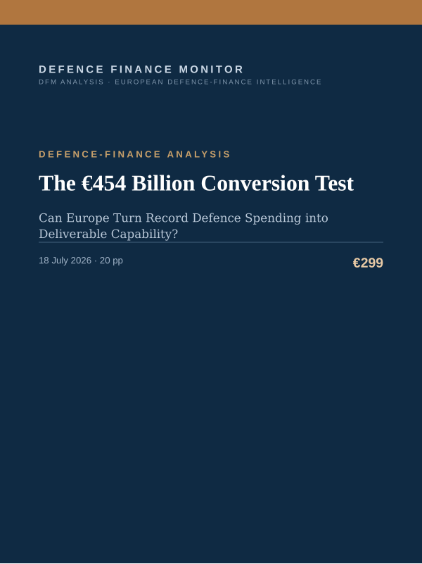 Cover of the DFM report “The €454 Billion Conversion Test” — Defence-Finance Analysis, 20-page PDF