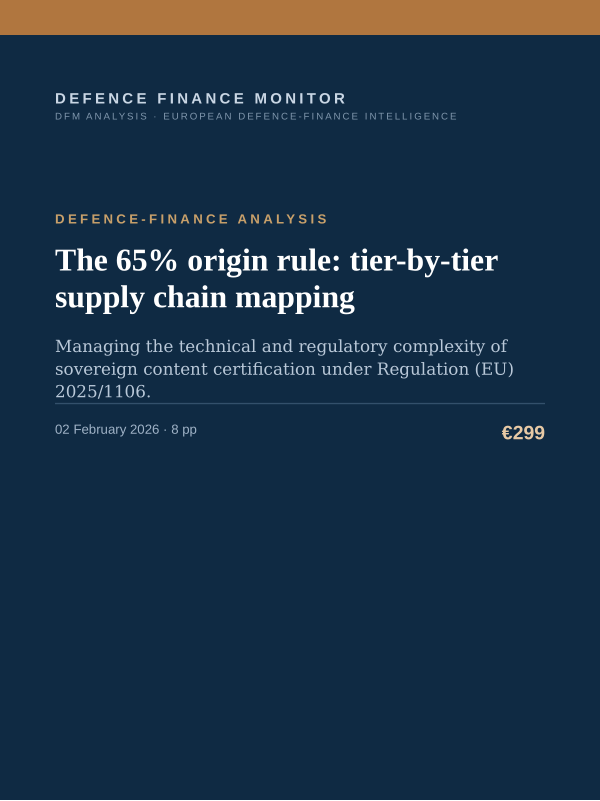 Cover of the DFM report “The 65% origin rule: tier-by-tier supply chain mapping” — Defence-Finance Analysis, 8-page PDF