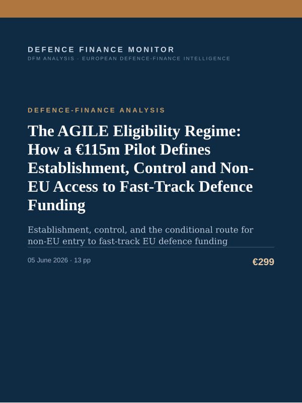 Cover of the DFM report “The AGILE Eligibility Regime: How a €115m Pilot Defines Establishment, Control and Non-EU Access to Fast-Track Defence Funding” — Defence-Finance Analysis, 13-page PDF