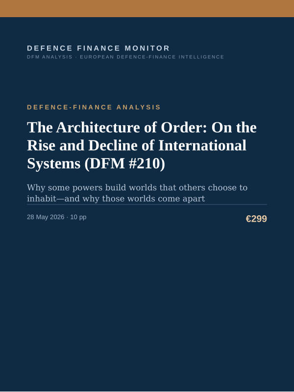 Cover of the DFM report “The Architecture of Order: On the Rise and Decline of International Systems (DFM #210)” — Defence-Finance Analysis, 10-page PDF