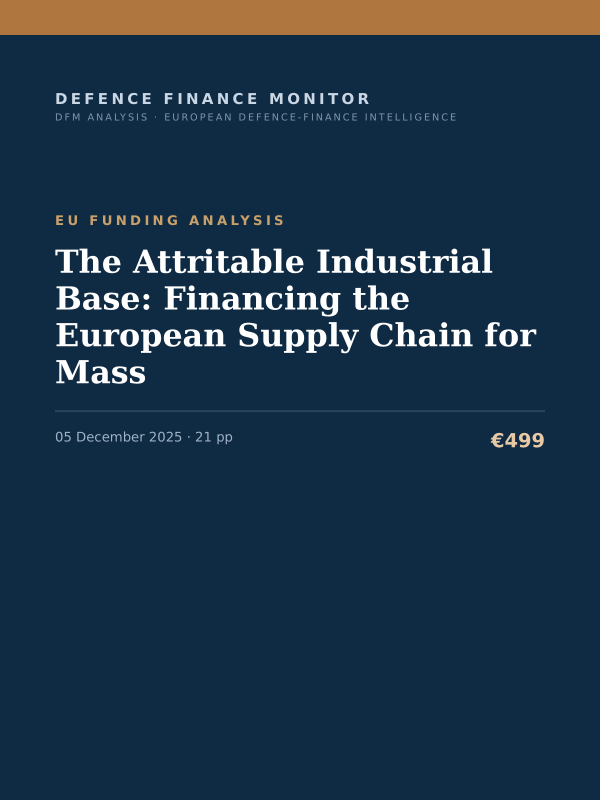 Cover of the DFM report “The Attritable Industrial Base: Financing the European Supply Chain for Mass” — Eu Funding Analysis, 21-page PDF