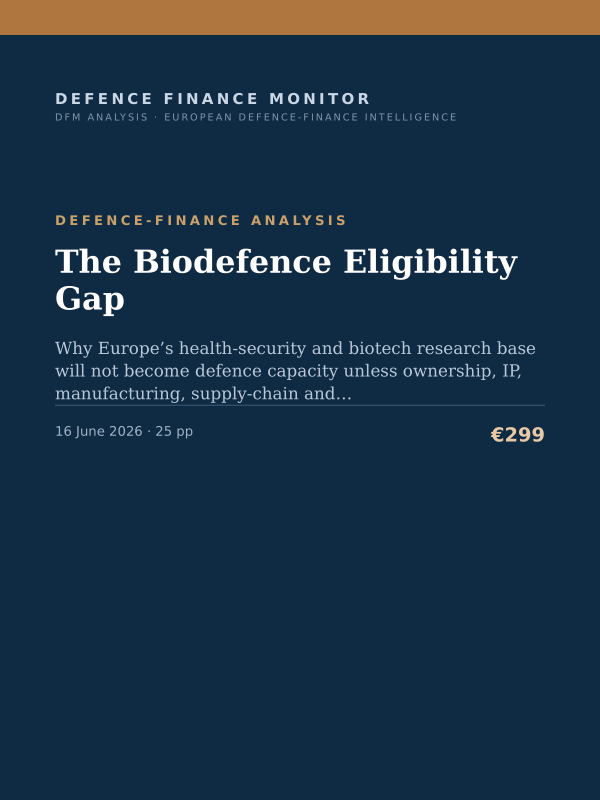 Cover of the DFM report “The Biodefence Eligibility Gap” — Defence-Finance Analysis, 25-page PDF