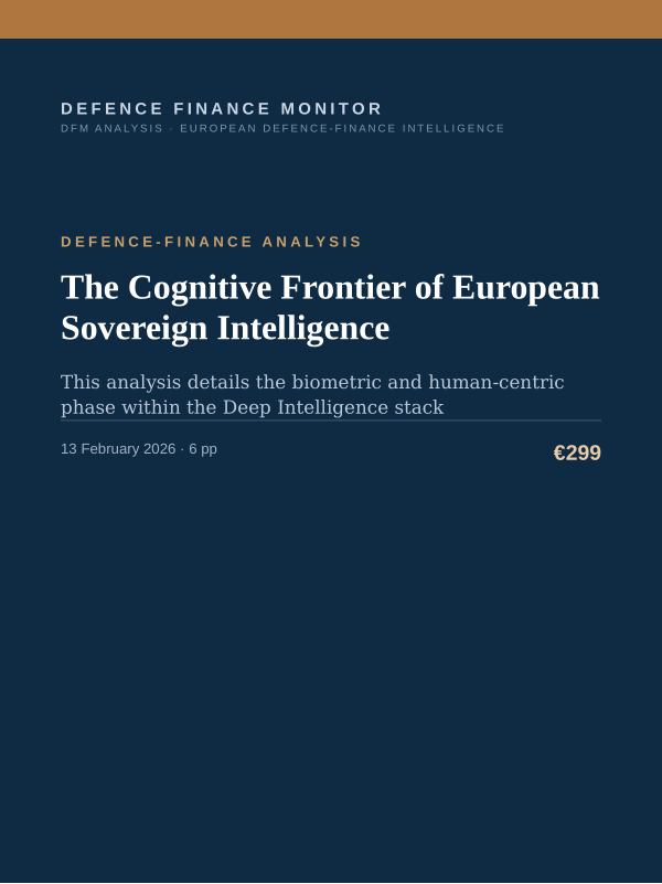 Cover of the DFM report “The Cognitive Frontier of European Sovereign Intelligence” — Defence-Finance Analysis, 6-page PDF