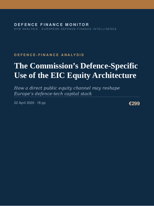 Cover of the DFM report “The Commission’s Defence-Specific Use of the EIC Equity Architecture” — Defence-Finance Analysis, 18-page PDF