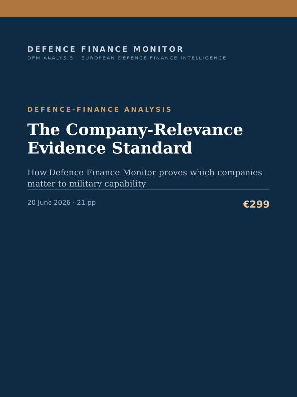 Cover of the DFM report “The Company-Relevance Evidence Standard” — Defence-Finance Analysis, 21-page PDF