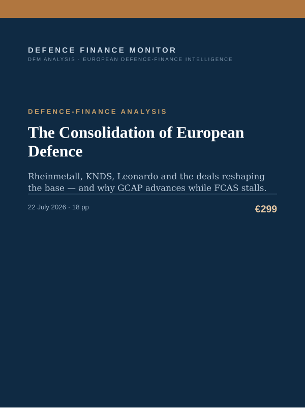 Cover of the DFM report “The Consolidation of European Defence” — Defence-Finance Analysis, 18-page PDF