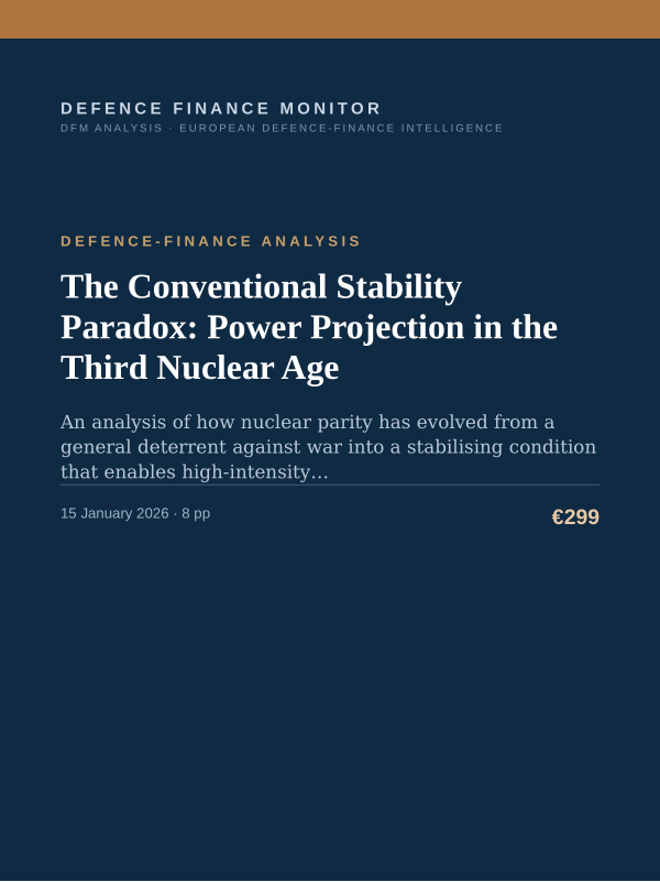 Cover of the DFM report “The Conventional Stability Paradox: Power Projection in the Third Nuclear Age” — Defence-Finance Analysis, 8-page PDF