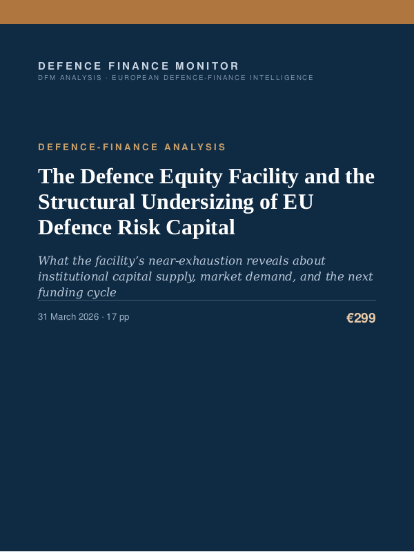 Cover of the DFM report “The Defence Equity Facility and the Structural Undersizing of EU Defence Risk Capital” — Defence-Finance Analysis, 17-page PDF
