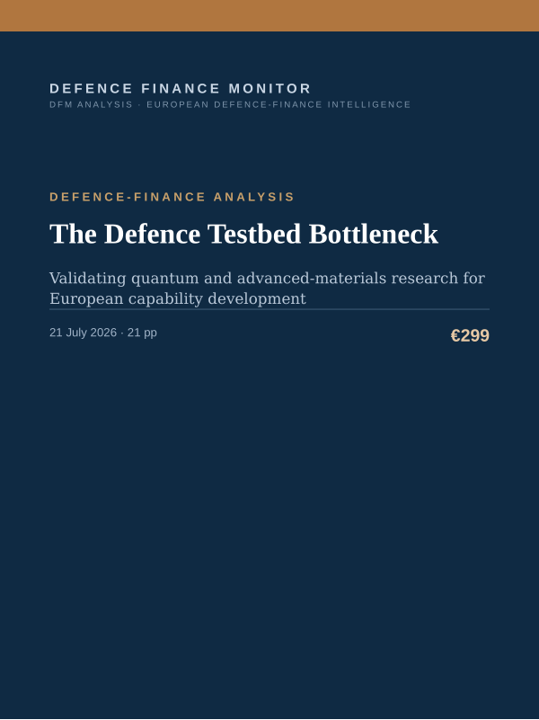 Cover of the DFM report “The Defence Testbed Bottleneck” — Defence-Finance Analysis, 21-page PDF
