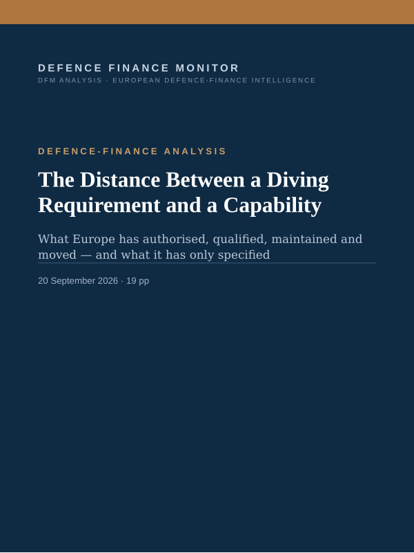 Cover of the DFM report “The Distance Between a Diving Requirement and a Capability” — Defence-Finance Analysis, 19-page PDF