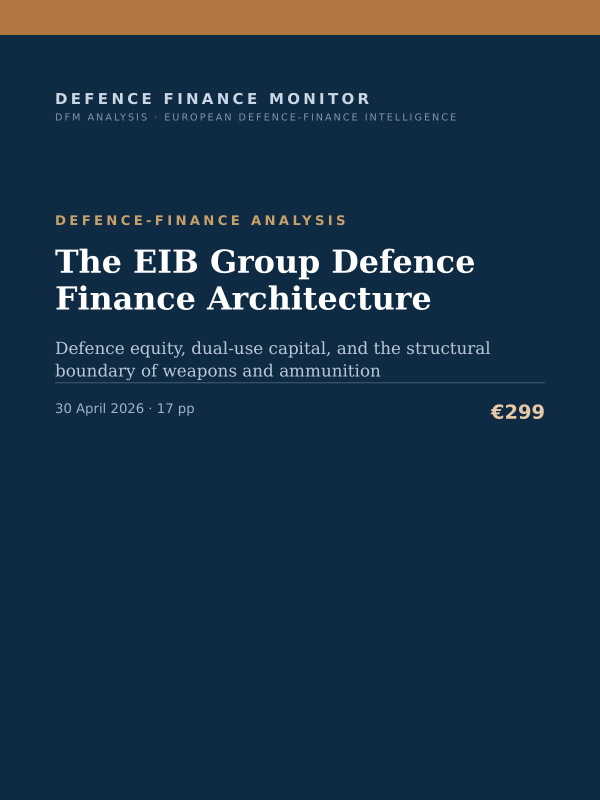 Cover of the DFM report “The EIB Group Defence Finance Architecture” — Defence-Finance Analysis, 17-page PDF