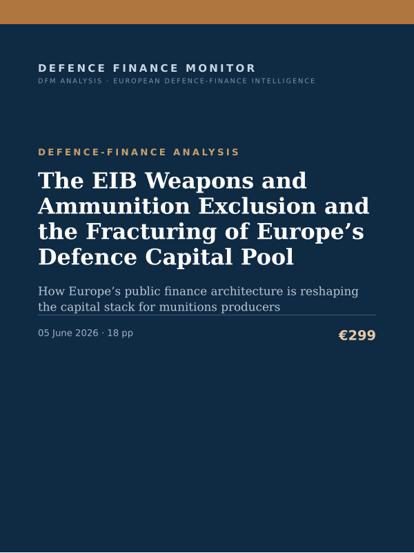 Cover of the DFM report “The EIB Weapons and Ammunition Exclusion and the Fracturing of Europe’s Defence Capital Pool” — Defence-Finance Analysis, 18-page PDF