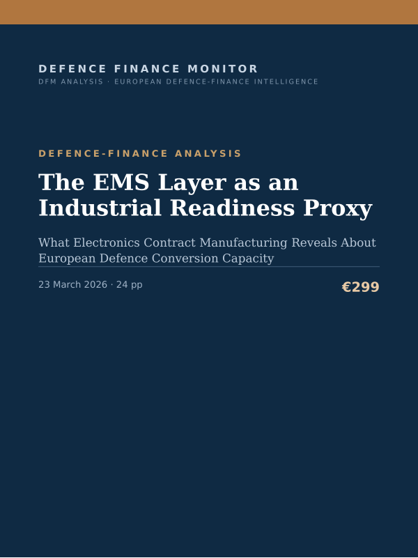 Cover of the DFM report “The EMS Layer as an Industrial Readiness Proxy” — Defence-Finance Analysis, 24-page PDF
