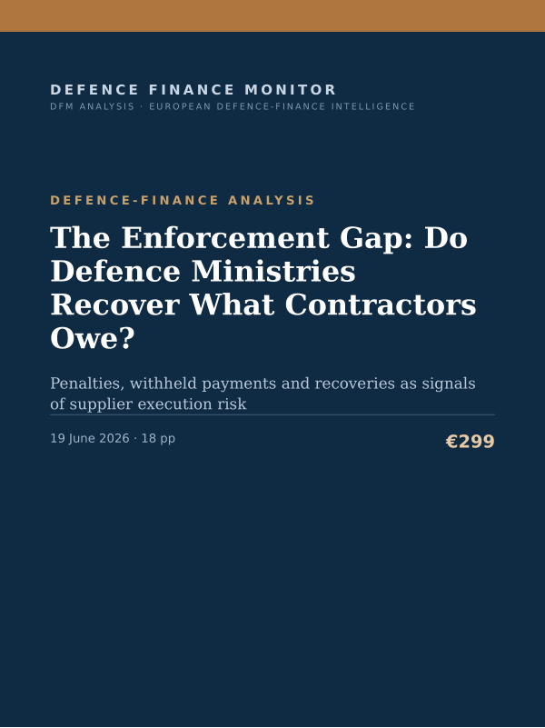 Cover of the DFM report “The Enforcement Gap: Do Defence Ministries Recover What Contractors Owe?” — Defence-Finance Analysis, 18-page PDF