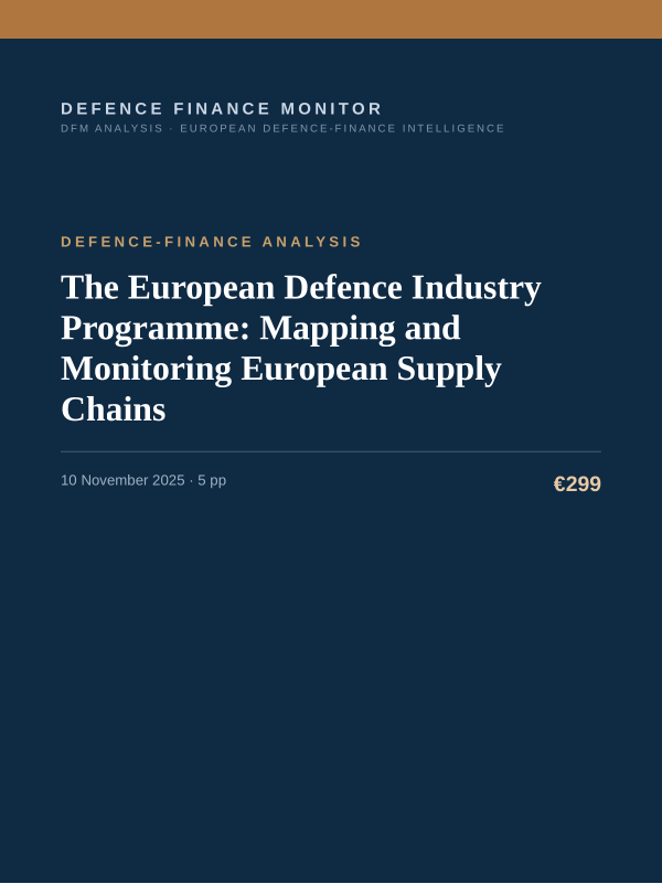 Cover of the DFM report “The European Defence Industry Programme: Mapping and Monitoring European Supply Chains” — Defence-Finance Analysis, 5-page PDF
