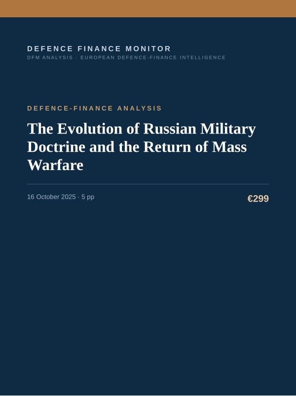 Cover of the DFM report “The Evolution of Russian Military Doctrine and the Return of Mass Warfare” — Defence-Finance Analysis, 5-page PDF