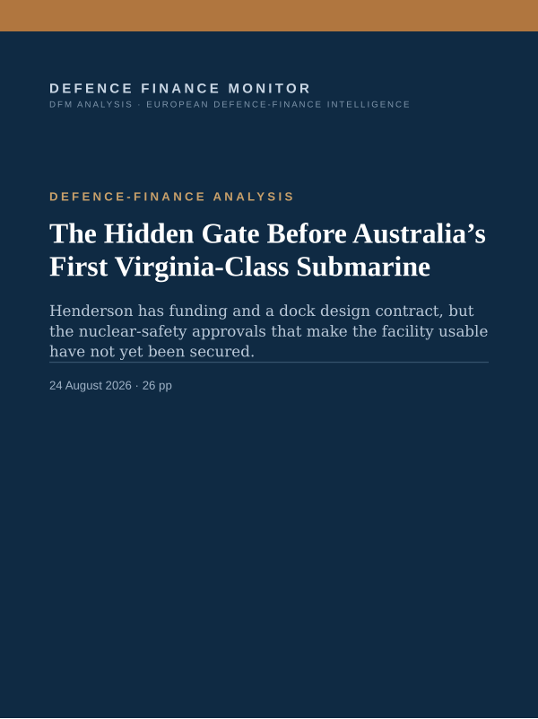 Cover of the DFM report “The Hidden Gate Before Australia’s First Virginia-Class Submarine” — Defence-Finance Analysis, 26-page PDF