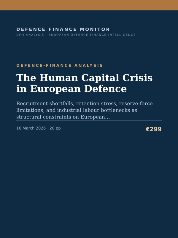 Cover of the DFM report “The Human Capital Crisis in European Defence” — Defence-Finance Analysis, 20-page PDF