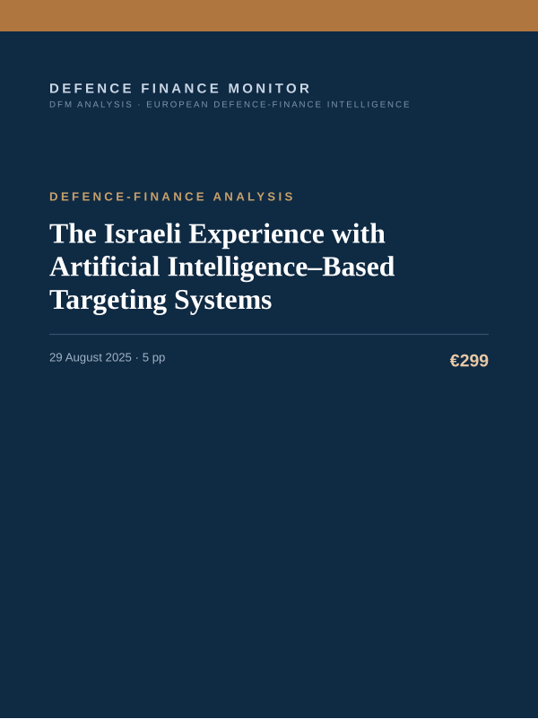 Cover of the DFM report “The Israeli Experience with Artificial Intelligence–Based Targeting Systems” — Defence-Finance Analysis, 5-page PDF
