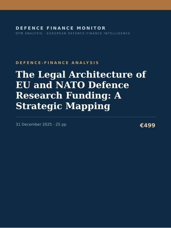 Cover of the DFM report “The Legal Architecture of EU and NATO Defence Research Funding: A Strategic Mapping” — Defence-Finance Analysis, 25-page PDF