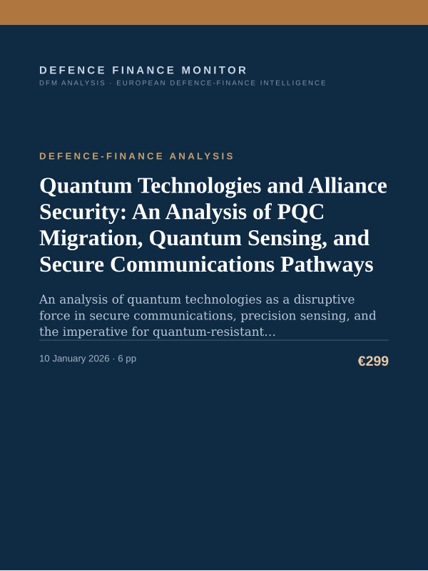 Cover of the DFM report “Quantum Technologies and Alliance Security: An Analysis of PQC Migration, Quantum Sensing, and Secure Communications Pathways” — Defence-Finance Analysis, 6-page PDF