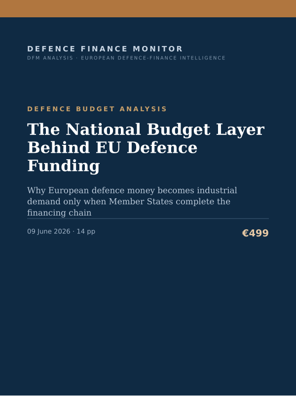 Cover of the DFM report “The National Budget Layer Behind EU Defence Funding” — Defence Budget Analysis, 14-page PDF