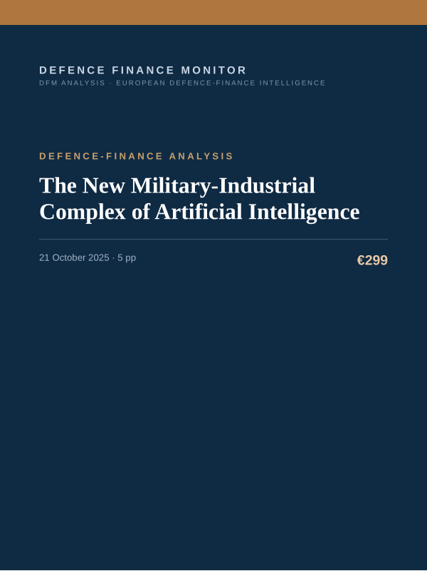 Cover of the DFM report “The New Military-Industrial Complex of Artificial Intelligence” — Defence-Finance Analysis, 5-page PDF