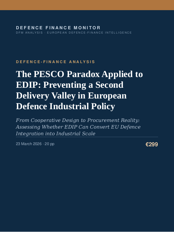 Cover of the DFM report “The PESCO Paradox Applied to EDIP: Preventing a Second Delivery Valley in European Defence Industrial Policy” — Defence-Finance Analysis, 20-page PDF