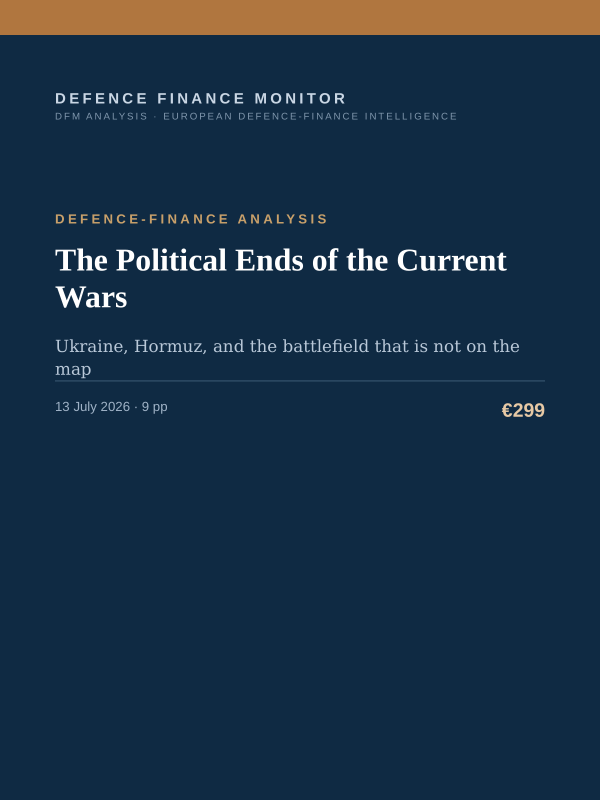 Cover of the DFM report “The Political Ends of the Current Wars” — Defence-Finance Analysis, 9-page PDF