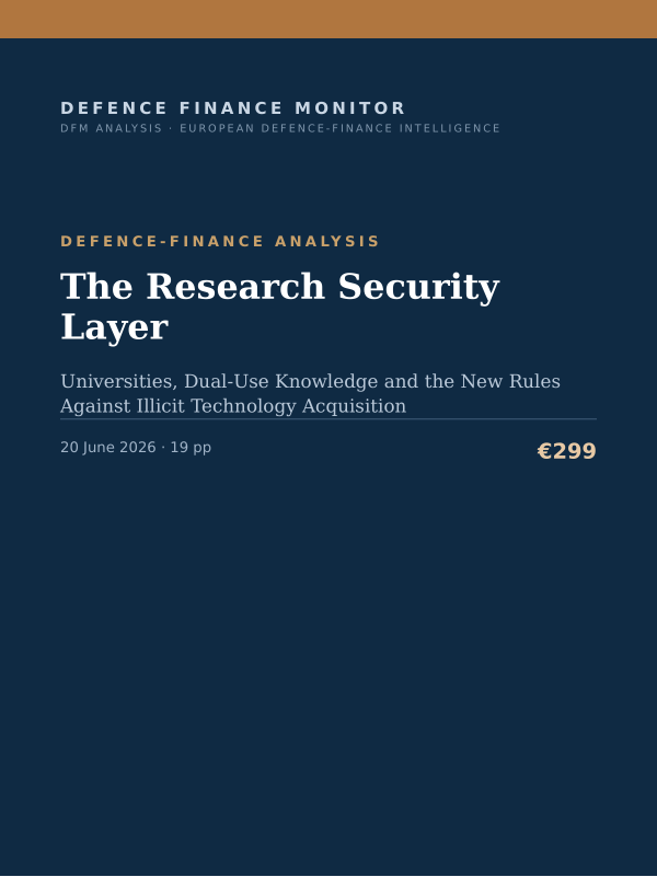 Cover of the DFM report “The Research Security Layer” — Defence-Finance Analysis, 19-page PDF