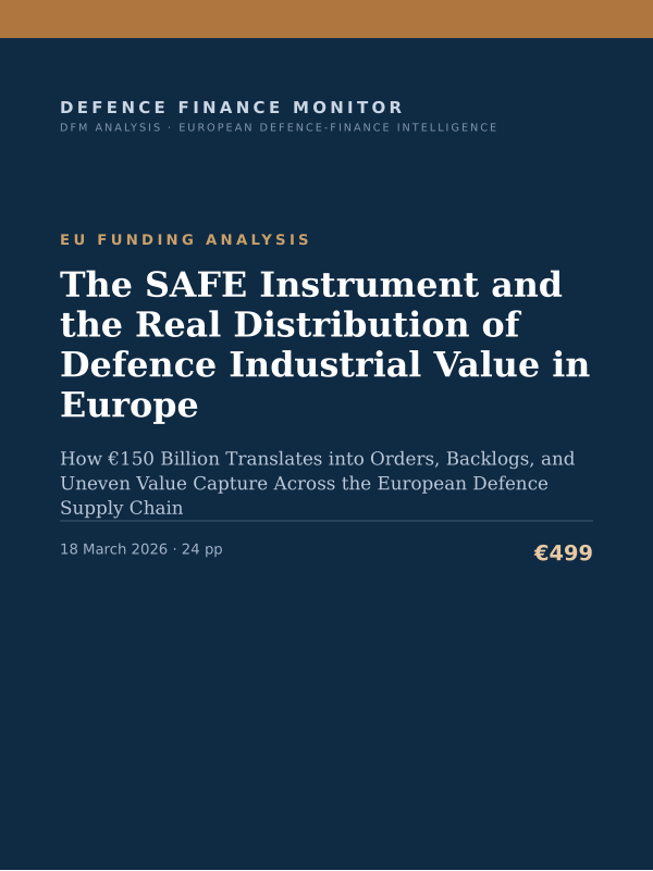 Cover of the DFM report “The SAFE Instrument and the Real Distribution of Defence Industrial Value in Europe” — Eu Funding Analysis, 24-page PDF