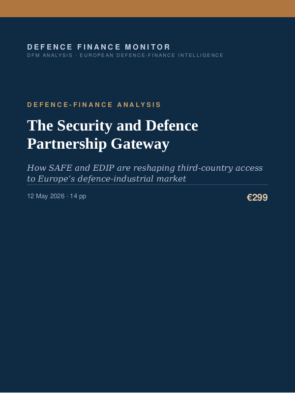 Cover of the DFM report “The Security and Defence Partnership Gateway” — Defence-Finance Analysis, 14-page PDF