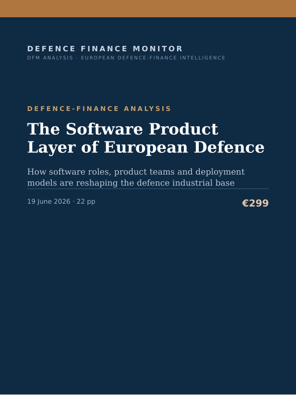 Cover of the DFM report “The Software Product Layer of European Defence” — Defence-Finance Analysis, 22-page PDF