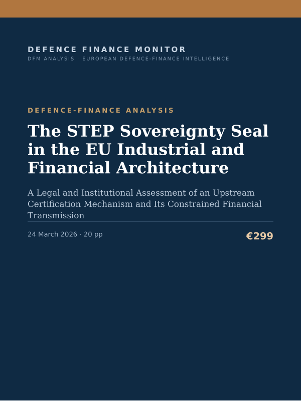 Cover of the DFM report “The STEP Sovereignty Seal in the EU Industrial and Financial Architecture” — Defence-Finance Analysis, 20-page PDF