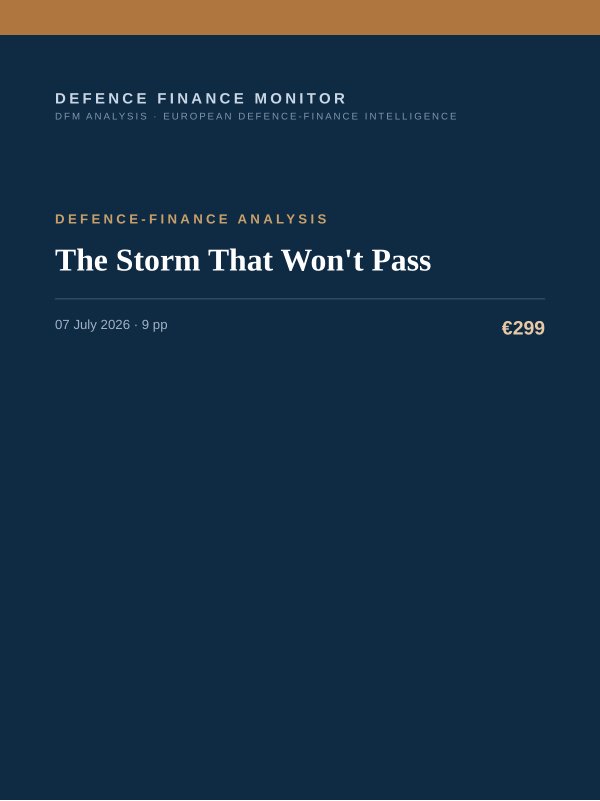 Cover of the DFM report “The Storm That Won't Pass” — Defence-Finance Analysis, 9-page PDF
