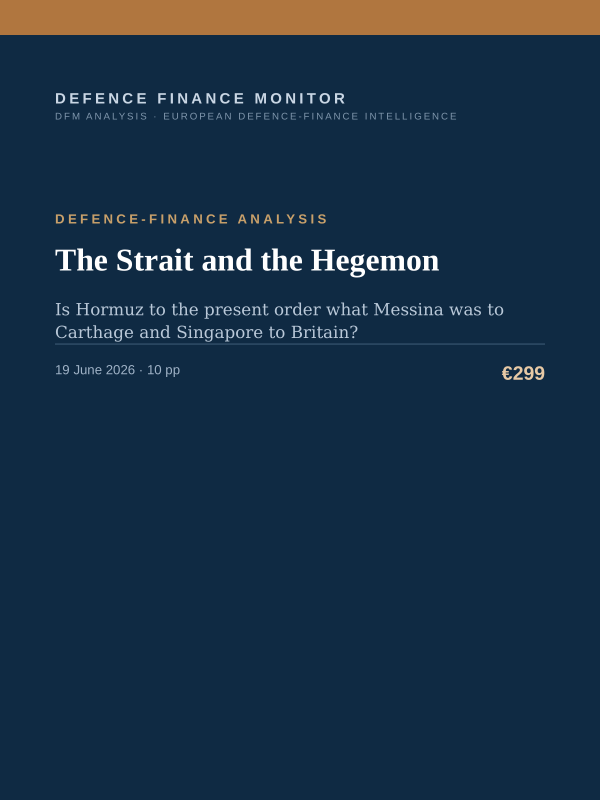 Cover of the DFM report “The Strait and the Hegemon” — Defence-Finance Analysis, 10-page PDF