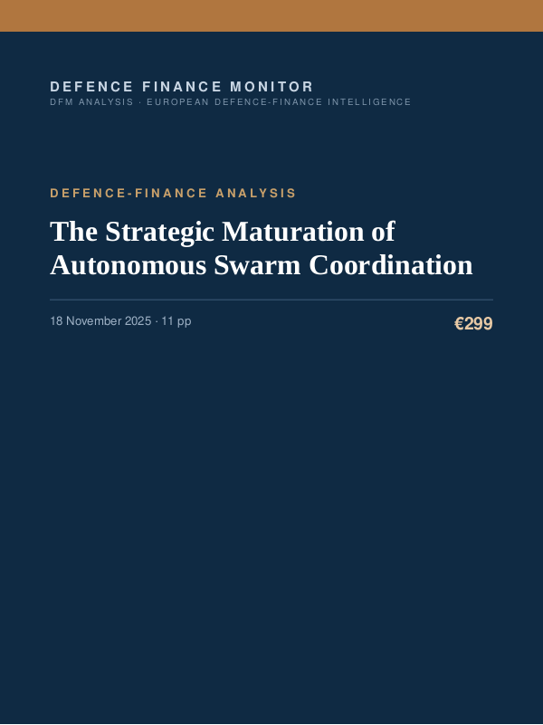 Cover of the DFM report “The Strategic Maturation of Autonomous Swarm Coordination” — Defence-Finance Analysis, 11-page PDF