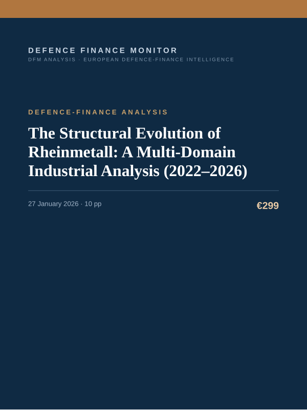 Cover of the DFM report “The Structural Evolution of Rheinmetall: A Multi-Domain Industrial Analysis (2022–2026)” — Defence-Finance Analysis, 10-page PDF