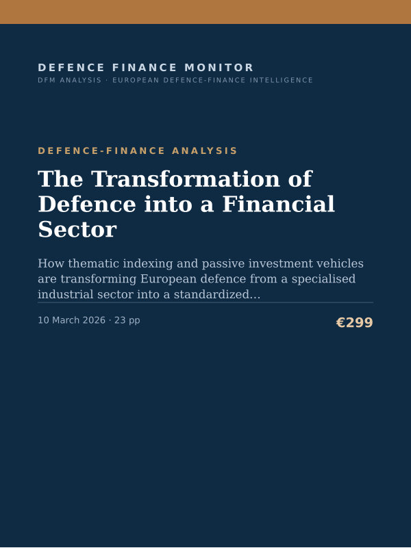Cover of the DFM report “The Transformation of Defence into a Financial Sector” — Defence-Finance Analysis, 23-page PDF