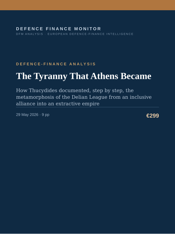Cover of the DFM report “The Tyranny That Athens Became” — Defence-Finance Analysis, 9-page PDF