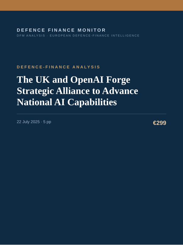 Cover of the DFM report “The UK and OpenAI Forge Strategic Alliance to Advance National AI Capabilities” — Defence-Finance Analysis, 5-page PDF