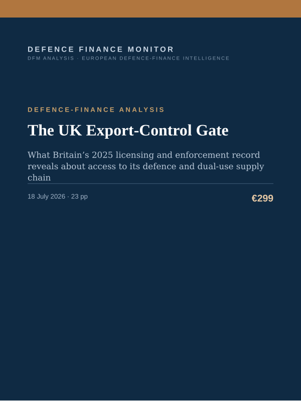 Cover of the DFM report “The UK Export-Control Gate” — Defence-Finance Analysis, 23-page PDF