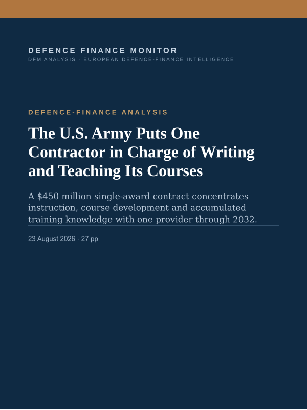 Cover of the DFM report “The U.S. Army Puts One Contractor in Charge of Writing and Teaching Its Courses” — Defence-Finance Analysis, 27-page PDF
