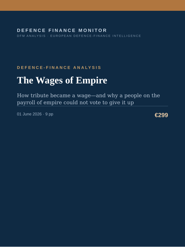 Cover of the DFM report “The Wages of Empire” — Defence-Finance Analysis, 9-page PDF