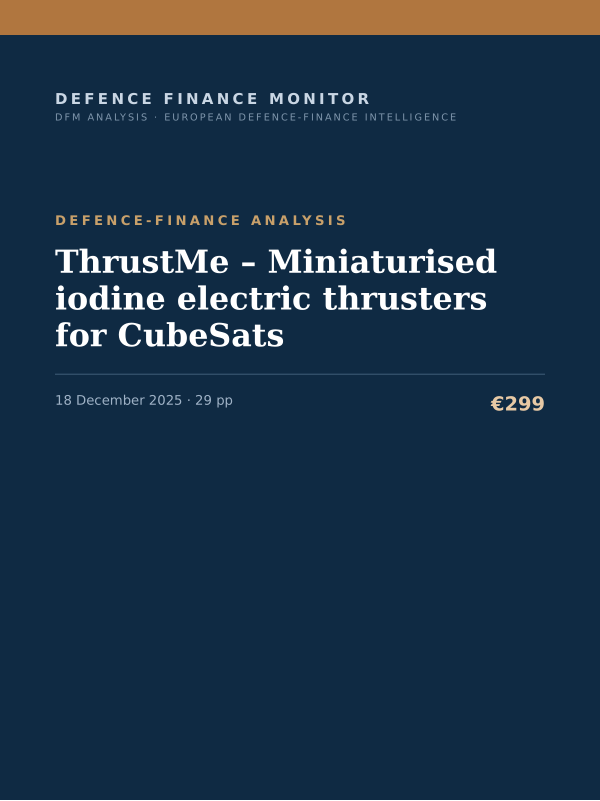 Cover of the DFM report “ThrustMe – Miniaturised iodine electric thrusters for CubeSats” — Defence-Finance Analysis, 29-page PDF