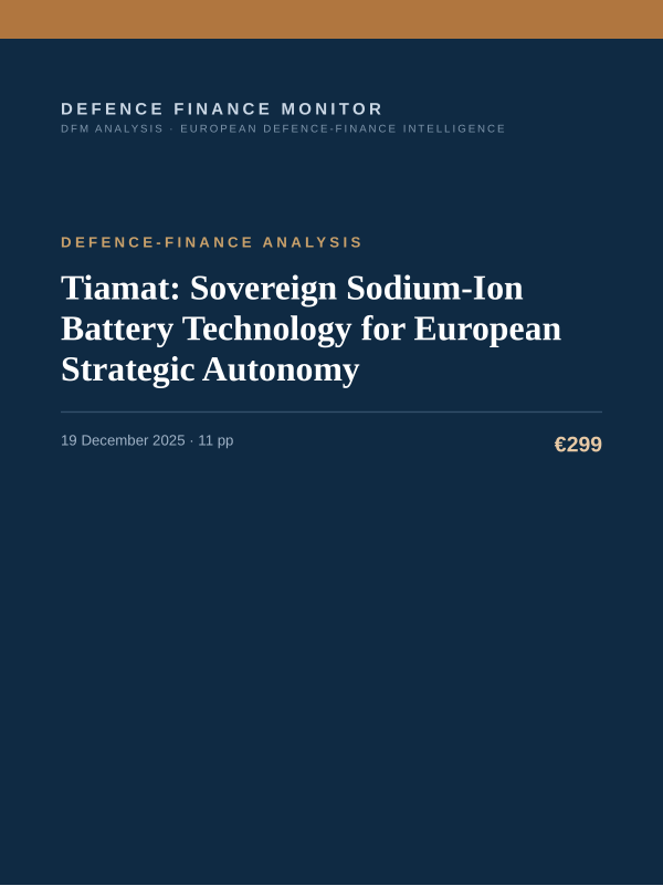 Cover of the DFM report “Tiamat: Sovereign Sodium-Ion Battery Technology for European Strategic Autonomy” — Defence-Finance Analysis, 11-page PDF