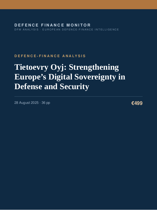 Cover of the DFM report “Tietoevry Oyj: Strengthening Europe’s Digital Sovereignty in Defense and Security” — Defence-Finance Analysis, 36-page PDF