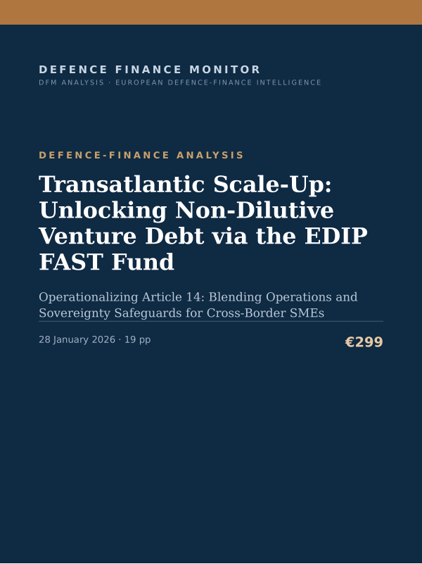 Cover of the DFM report “Transatlantic Scale-Up: Unlocking Non-Dilutive Venture Debt via the EDIP FAST Fund” — Defence-Finance Analysis, 19-page PDF